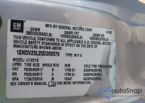 2005 Chevrolet Uplander Ls z USA, uszkodzony, nr VIN 1GNDV23L25D268379